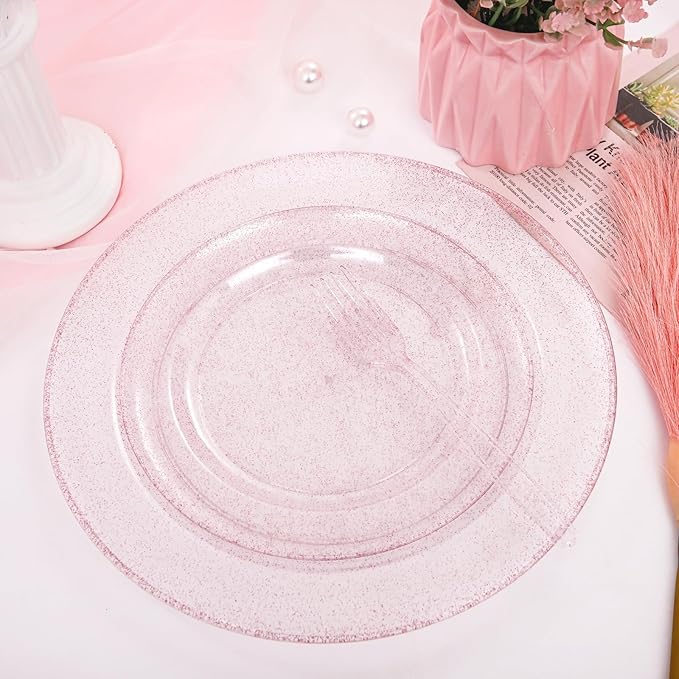 WDF 200PCS Pink Plastic Plates - Rose Gold Glitter Plastic Plates - Heavy Duty Pink Glitter Disposable Plates for Wedding/Baby Shower/Birthday