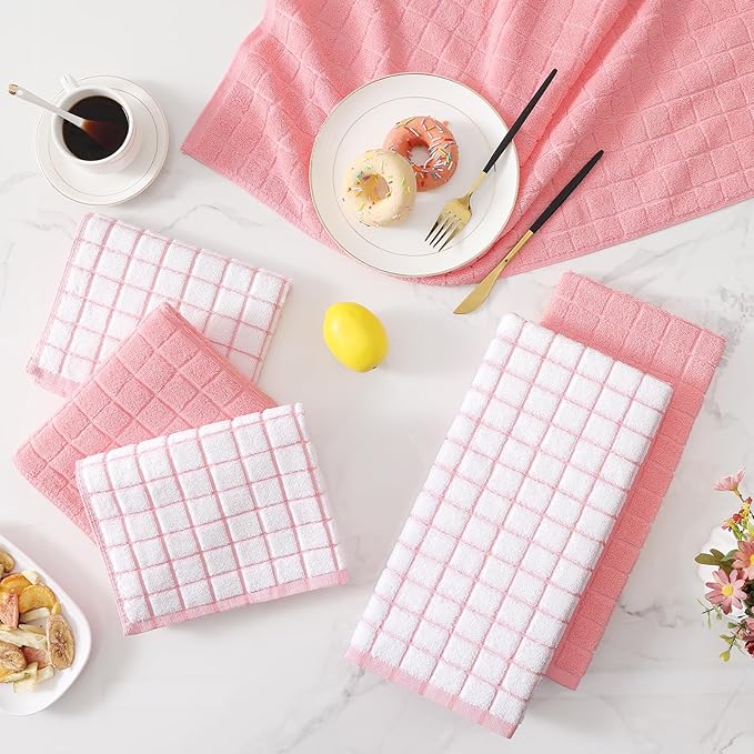 Homaxy Premium Cotton Kitchen Towels 16"x 28", Large Natural Ring Spun 390 GSM Dish Towels, Super Absorbent Terry Kitchen Hand Towels, Soft Tea Towels with Hanging Loop, Pink Check Design, 4 Pack