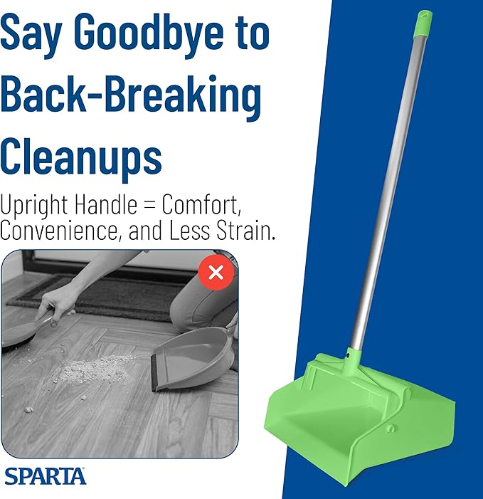 SPARTA Upright Dustpan with Aluminum Handle, Serrated Edge for Broom Combing, Secure Yoke Lock with Easy Storage Hanging Hole for Commercial Cleaning, Plastic, 30 Inches, Lime