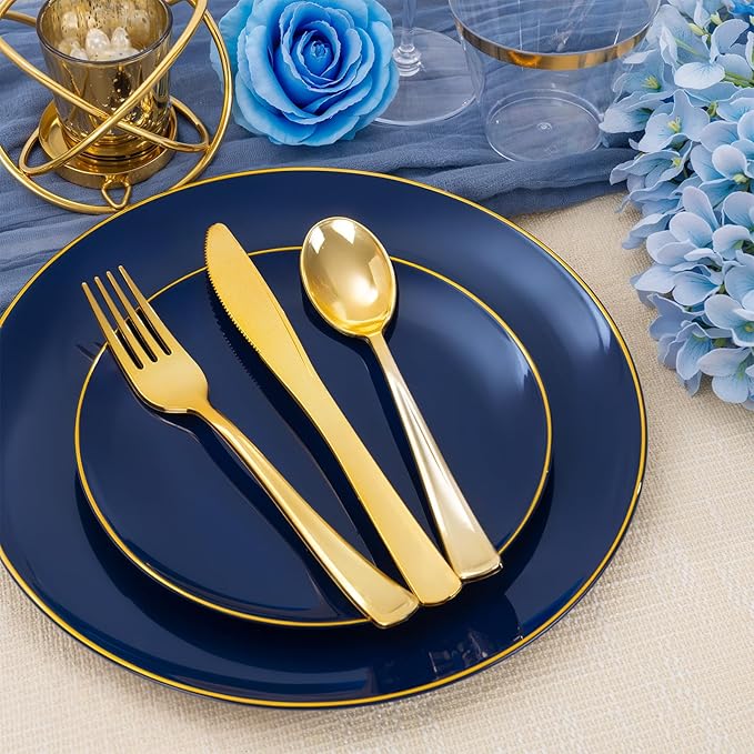 NOCCUR 350PCS Navy Blue Plastic Plates - Blue Disposable Dinnerware Set for 50 Guests, 100 Dinner/Dessert Plates, 150 Gold Silverware, 50 Cups&50 Napkins for Party/Wedding/Graduation/Memorial Day