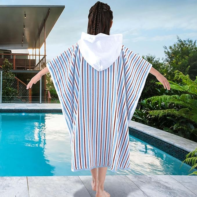 VOOVA & MOVAS Hooded Poncho Towel for Teens Unisex 100% Cotton Classic Nautical Beach Swim Bath Cover Up Red Blue Stripe