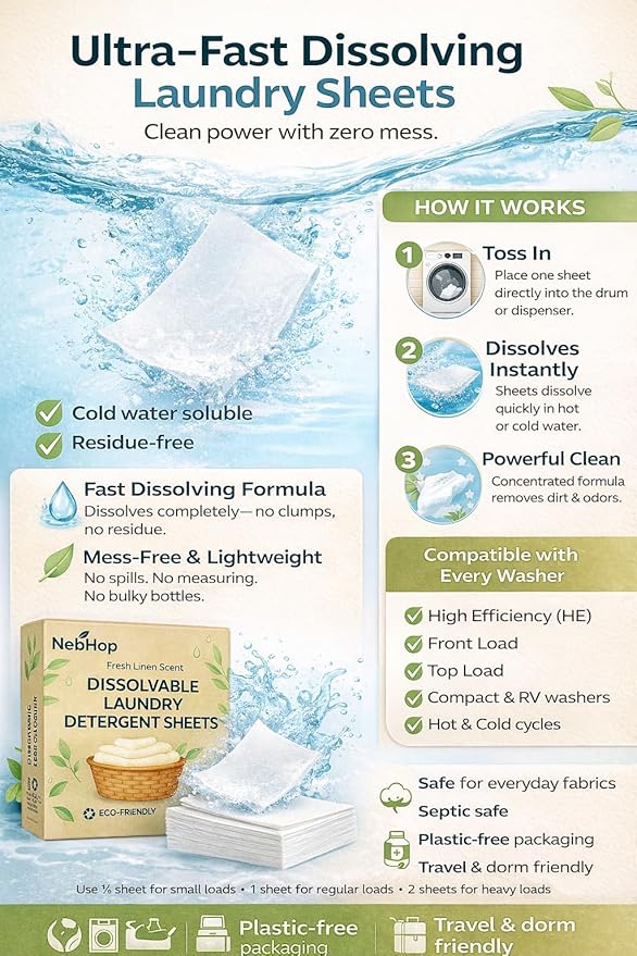 Eco Friendly Laundry Detergent Sheets – Biodegradable Detergent Strips, Fresh Linen Scent, Hypoallergenic Plant Based Washer Sheets, Plastic Free Travel Laundry Detergent, 40 Sheets (80 Loads)