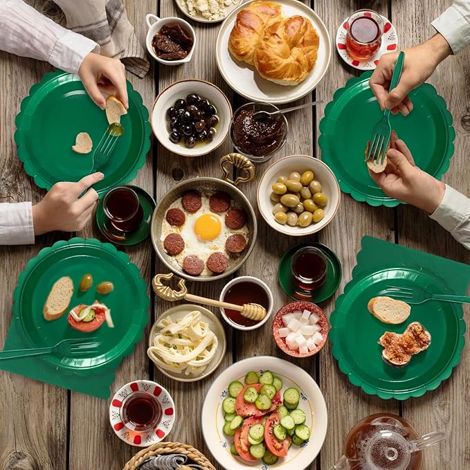 Dark Green Paper Plates and Napkins,7 Inch Dark Green Scalloped Disposable Dessert Plates Paper Napkin Fork Party Supplies for Wedding Baby Shower Birthday(25 Guest)