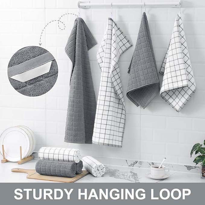 Homaxy Premium Cotton Kitchen Towels 16"x 28", Large Natural Ring Spun 390 GSM Dish Towels, Super Absorbent Terry Kitchen Hand Towels, Soft Tea Towels with Hanging Loop, Grey Check Design, 4 Pack