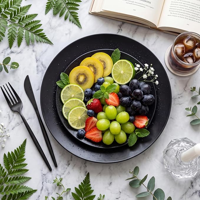 EI 150pcs Black Plastic Plates Frosted Plastic Plate,Premium Heavy Duty Black Plastic Plates,Black Disposable Plates with Plastic Silverware,10.25" Dinner Plates and 7.5" Dessert Plate Wedding Party