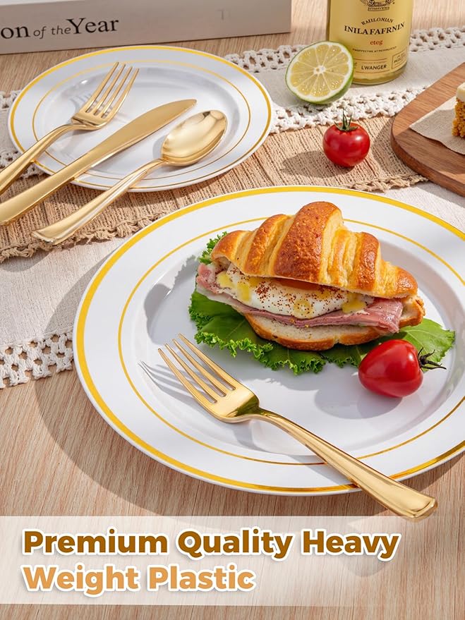 WDF 120 pieces Gold Disposable Plastic Plates - White and Gold Plates Include 10.25" Dinner Plate & 7.5" Salad Plate for Party Baby Shower Wedding Spring