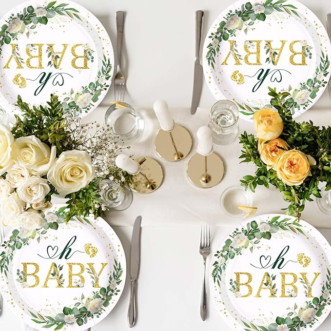 50Pcs Sage Green Baby Shower Round Plates 10'' Large Heavy Duty Disposable Green Eucalyptus Leaves Paper Plates Greenery Neutral Dessert Platters for Boys Girls Birthday Party Supplies Table Decor