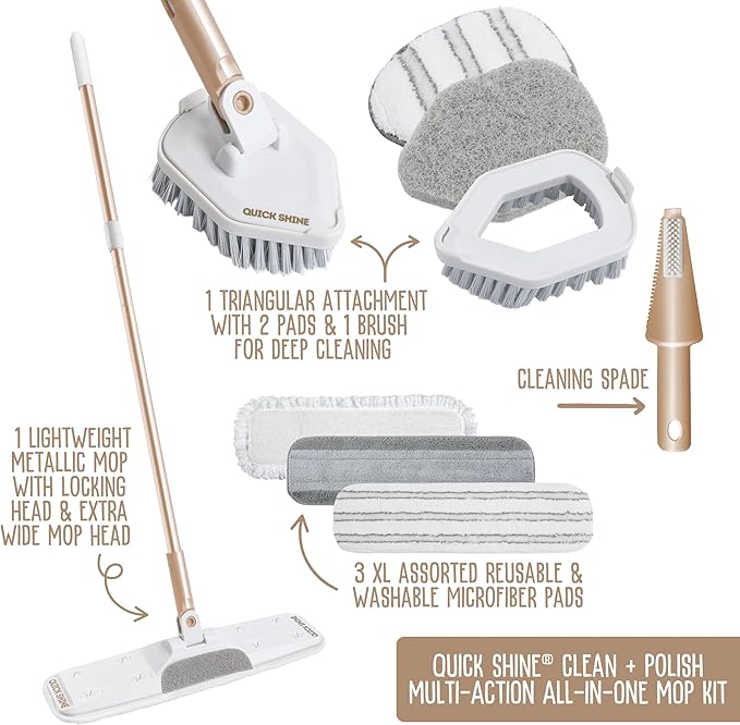 Quick Shine Ultimate Gold Clean + Polish Mop Kit, 9 Pc Set w/Interchangeable Attachments | 2-in-1 Pro Cleaning System w/ Microfiber Pads for All Floor Types | No Batteries Needed