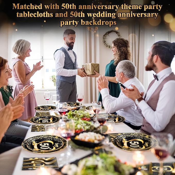 Pickmesh 400 Pcs 50th Wedding Anniversary Party Supplies - Black and Gold Disposable Paper Plates, Napkins and Cups - Tableware Decorations for Men and Women