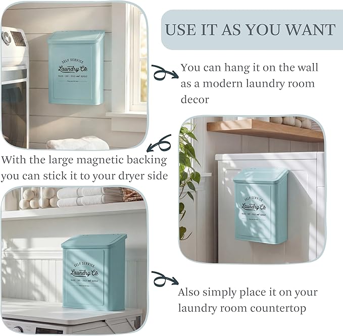 MONJITA Magnetic Lint Bin for Laundry Room, Metal Trash Can with Lid for Dryer, Farmhouse Lint Holder, Laundry Co Sign, Laundry Room Storage Decor with Dryer Lint Brush (Mint)