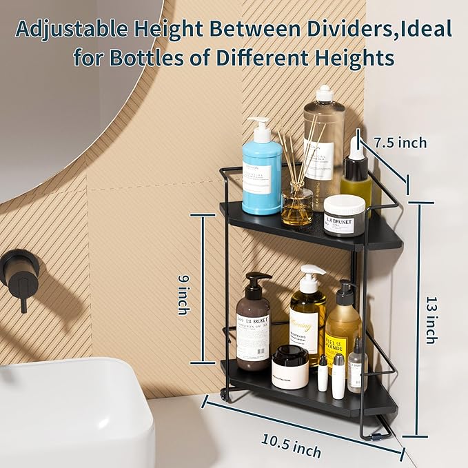 BOIVSHI Bathroom Organizer Countertop, 2-Tier Bathroom Organizers and Storage for Bathroom Countertop, Kitchen Counter, Corner Storage Shelf for Storage, Skincare, Perfume, Makeup (Black)