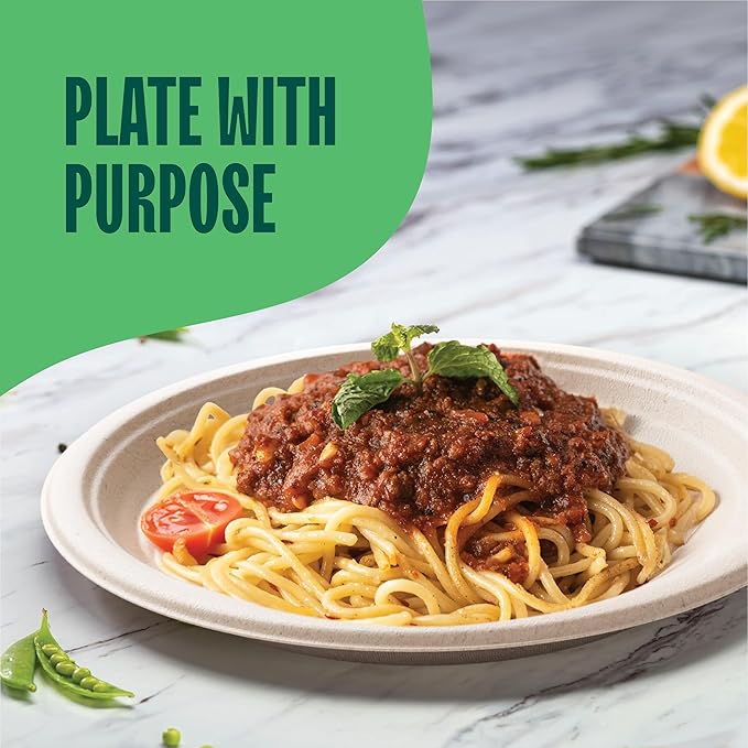 Stack Man Deep Dish Paper Plates, Heavy Duty Disposable Dinner Plates [125-Pack] 10 Inch Plates - 100% Compostable Eco-Friendly, Biodegradable Sugarcane Bagasse, Natural Brown 10" (9" Deep)