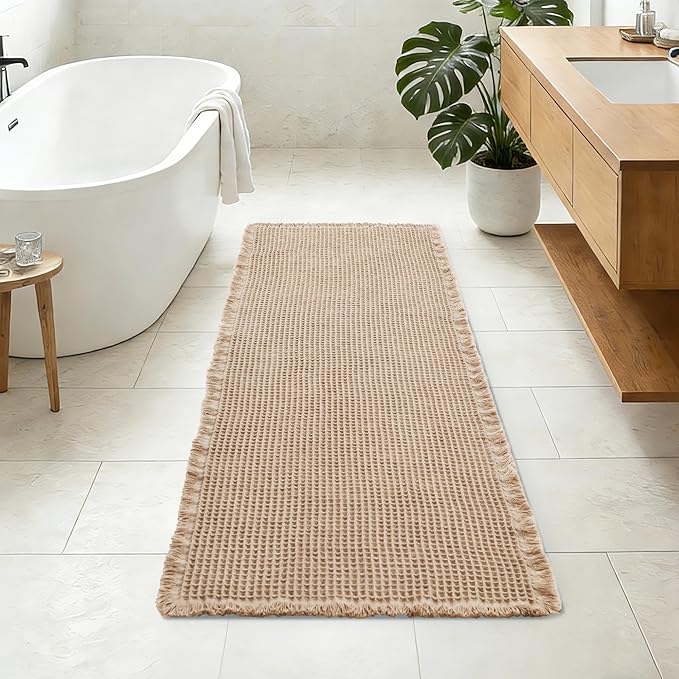 DWCN Brown Waffle Bathroom Mat, Boho Bath Rugs Super Absorbent Non Slip Bath Mats for Bathroom Floor, Ultra Soft Farmhouse Rubber Backed Shower Mats for Tub and Shower, 24 x 60 Inch