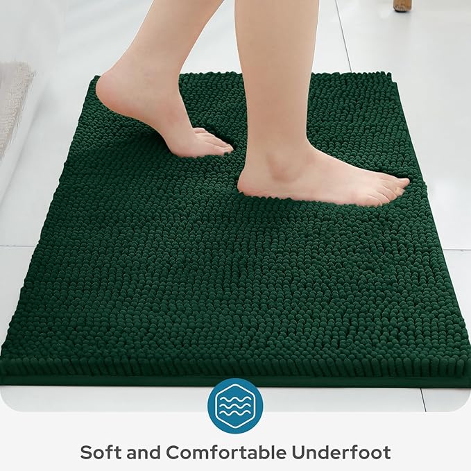 BYSURE Dark Green Bathroom Rugs Sets 3 Piece Non Slip Extra Absorbent Plush Chenille Soft Washable Bath Mats