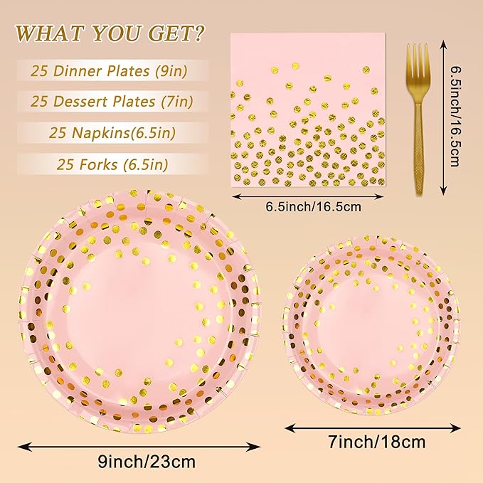 100 Pcs Pink and Gold Paper Plates and Napkins Party Supplies,Serves 25 Guests Pink Gold Plates and Napkins,Disposable Paper Tableware Set for Birthday Wedding Bridal Shower Baby Shower Decorations