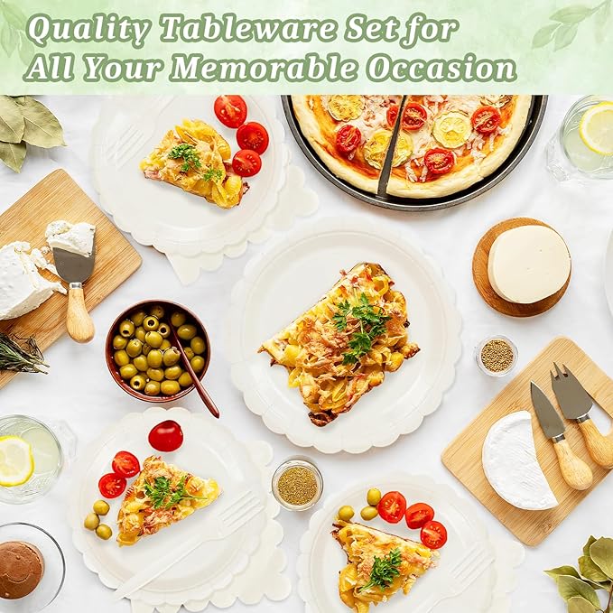 Mulbozy 75 Cream Plates and Napkins Disposable Set Includes 25 Dessert Cake Scalloped Plates, Cocktail Napkins & Forks, for Fork 25 Guests Holiday Party Supplies.
