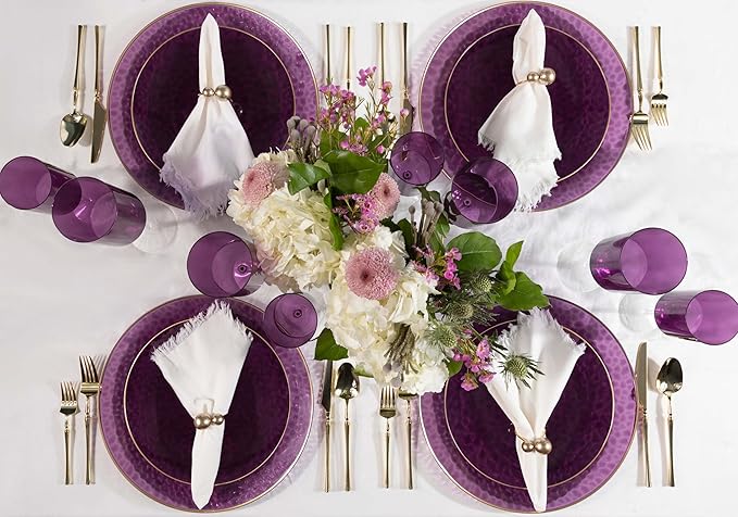 PLASTICPRO 30 Pack Hammered Plastic Plates Heavyweight Disposable Plastic Plates Elegant Transparent Purple Hammered with Gold Rim Platsic Party Dishes (Hamered Purple With Gold Rim, 7'' INCH PLATES)