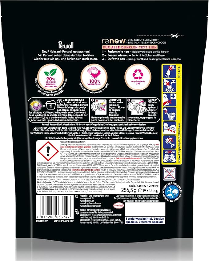 Perwoll Caps Black Detergent (19 Washes) | All-in-1 Detergent | Caps Gently Clean and Renew Colors & Fibers | For All Dark Textiles | With Triple-Renew Technology