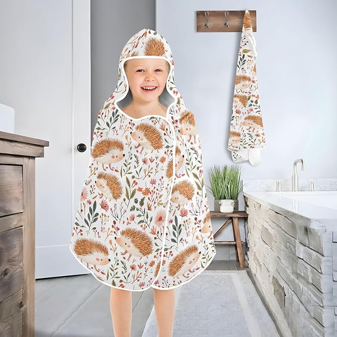 Beach Towels for Kids Funny Hedgehog White Hooded Beach Bath Towel Absorbent Bathing Suit for Girls