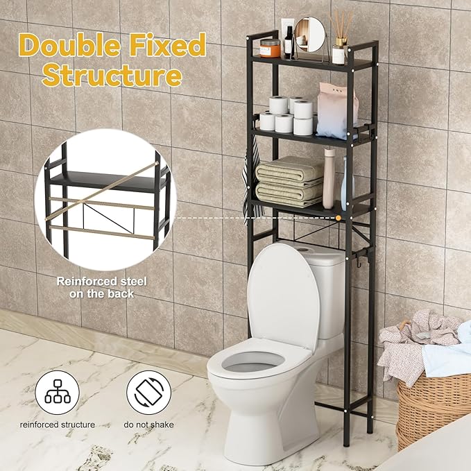 Over The Toilet Shelf, 3-Tier Adjustable Freestanding Metal Bathroom Organizer Shelves with Hooks,Space-Saving for Narrow Small Bathroom,18.9" Wx7.9 D x65 H