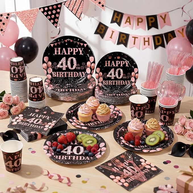 Pickmesh 400 Pcs 40th Birthday Decorations for Women, Includes 40th Birthday Plates, Napkins, Cups, and Cutlery for Party Favors, Cheer to 40 Year for Her, Serves 50 Guests