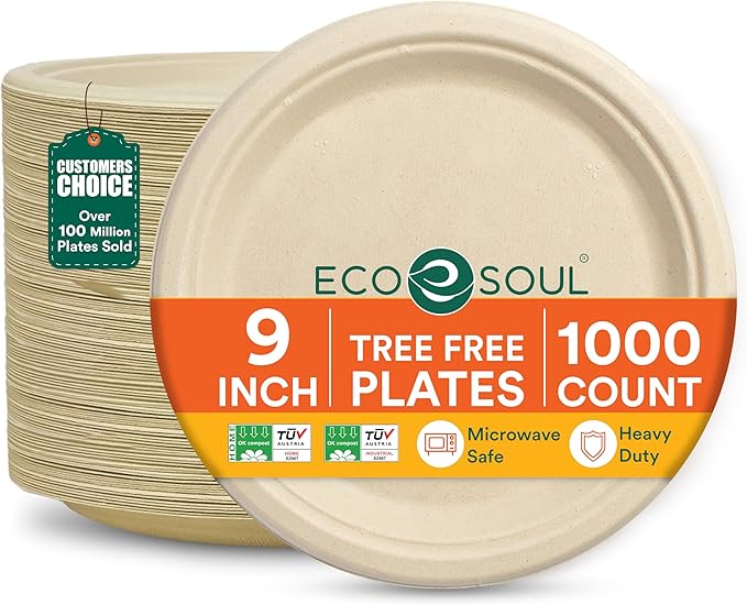ECO SOUL Compostable Paper Plates 9 Inch, 1000 Pack – Heavy Duty Disposable Dinner Paper Plates, Natural Bagasse, Leak-Resistant, Microwave Safe, Eco-Friendly Round Plates for Parties & Catering