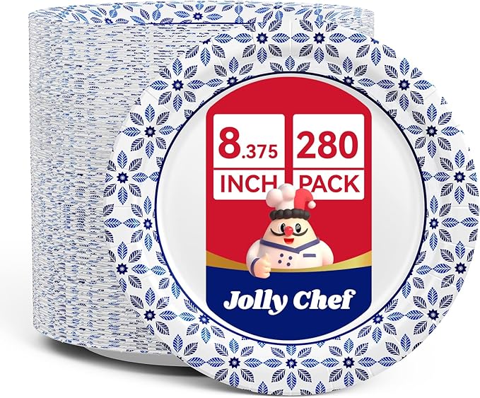 JOLLY CHEF 8.37 inch Paper Plates 280 Count Soak Proof, Cut Proof, Heavy Duty Printed Disposable Plate for Party or Everyday Use