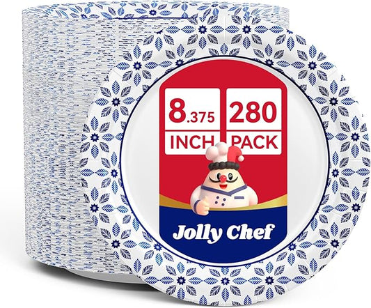 JOLLY CHEF 8.37 inch Paper Plates 280 Count Soak Proof, Cut Proof, Heavy Duty Printed Disposable Plate for Party or Everyday Use