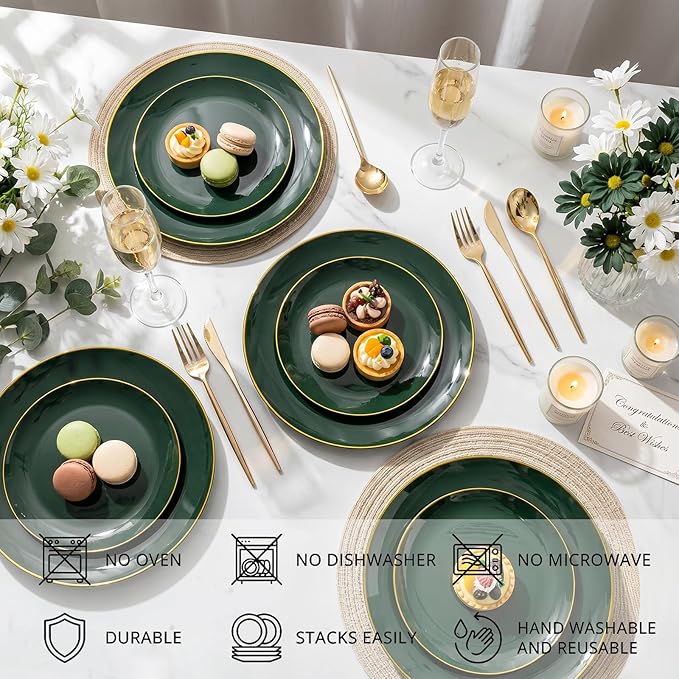 I00000 150Pcs Green Plastic Plates with Gold Rim, Fancy Disposable Plates,Green Plates Set include 30 Dinner Plate,30 Dessert Plate, 90 Plastic Silverware Set for Wedding&Party