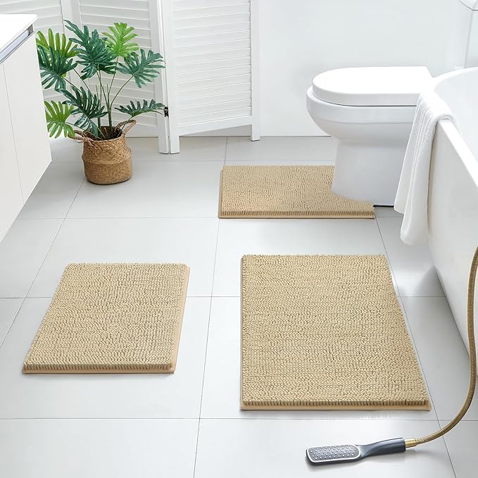 BYSURE Beige Bathroom Rugs Sets 3 Piece Non Slip Extra Absorbent Plush Chenille Soft Washable Bath Mats