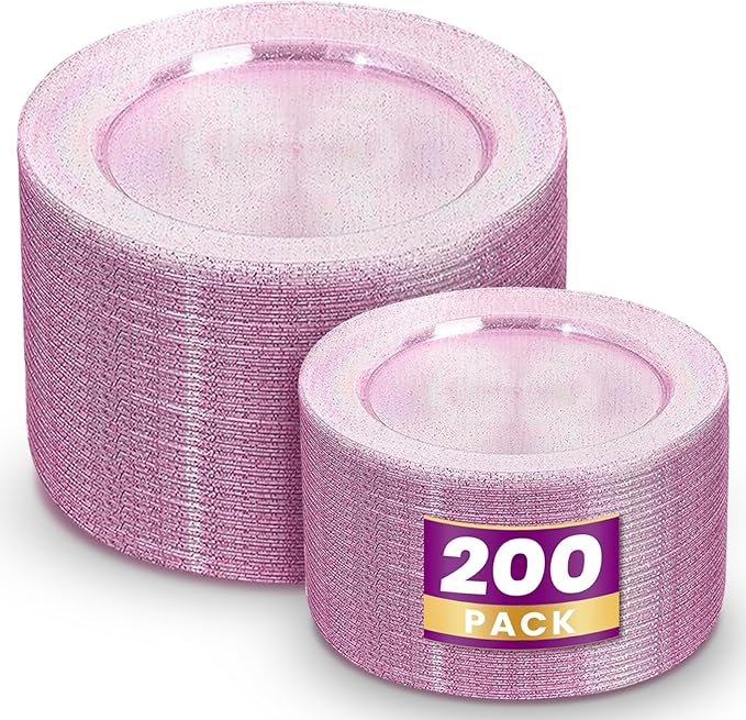 WDF 200PCS Pink Plastic Plates - Rose Gold Glitter Plastic Plates - Heavy Duty Pink Glitter Disposable Plates for Wedding/Baby Shower/Birthday