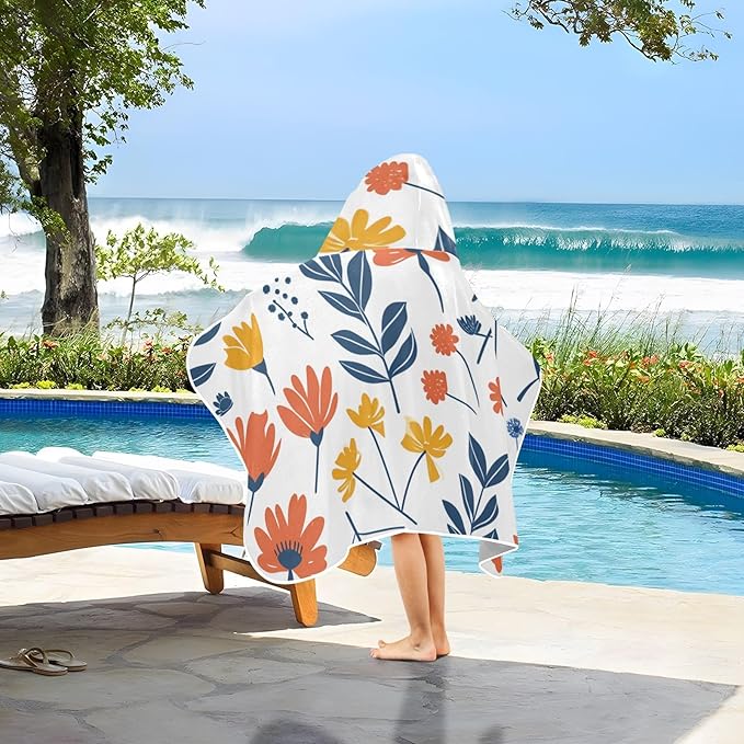 Hooded Towel for Kids Doodle Cute Flowers Beach Wrap Bath Towels 50x23.5in