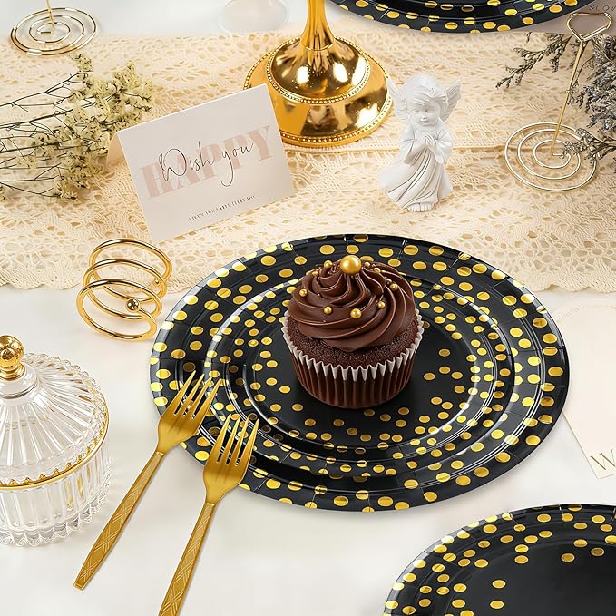 150 Pcs Black and Gold Paper Plates Party Supplies,Serves 50 Guests 7" 9" Black Gold Plates and Gold Plastic Forks,Disposable Paper Tableware Set for Graduation Retirement Decorations