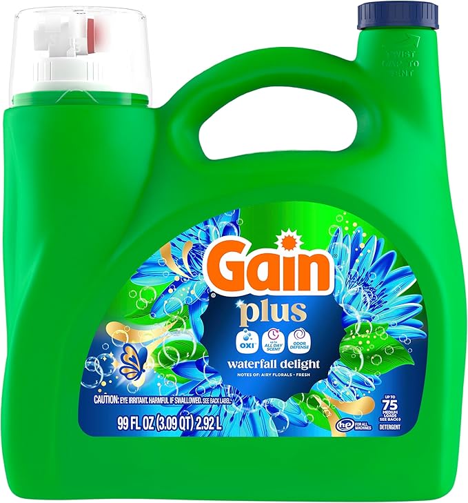 Gain Plus Liquid Laundry Detergent, Cleaner, Fresher, Now with Oxi, Waterfall Delight Scent, 99 fl oz, 75 Loads