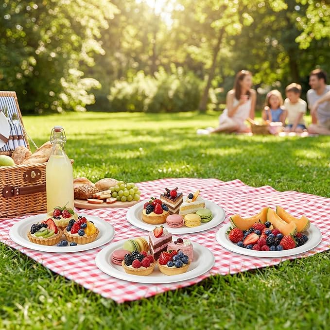 125 Pack 7 inch Paper Plates, Heavy-Duty Disposable Paper Plates 100% Compostable - Biodegradable Bagasse Dessert Plates Bulk for Party, Wedding, Snacks, Natural (7 Inch 125 Pack White)