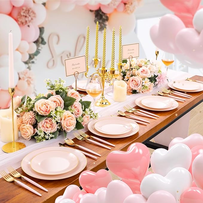 Liacere 150PCS Plastic Plates-Gold Plastic Silverware with Pink Handle - Pink Disposable Plates Include 30 Guests Plates, Forks, Spoons, Knives for Wedding＆Easter Day & Mothers Day