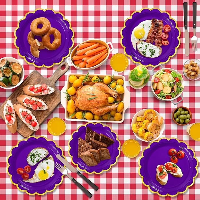 50 Pcs Purple Paper Plates, 25 Pcs 9" and 25 Pcs 7" Disposable Dark Purple Scalloped Plates with Gold Foil for Graduation Wedding Baby Shower Birthday Party Picnic BBQ