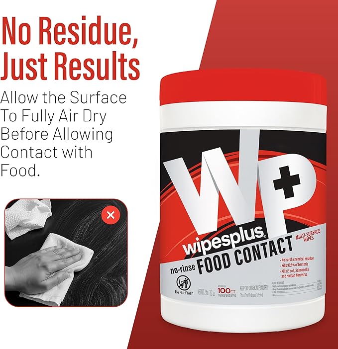 WIPESPLUS Cleaning Wipes All Purpose Food Contact - No Rinse, No Residue, Quick Dry Formula, Disinfecting Wipes For Restaurants, Foodservice, Schools - Canister, 100 Count, (Pack of 6)