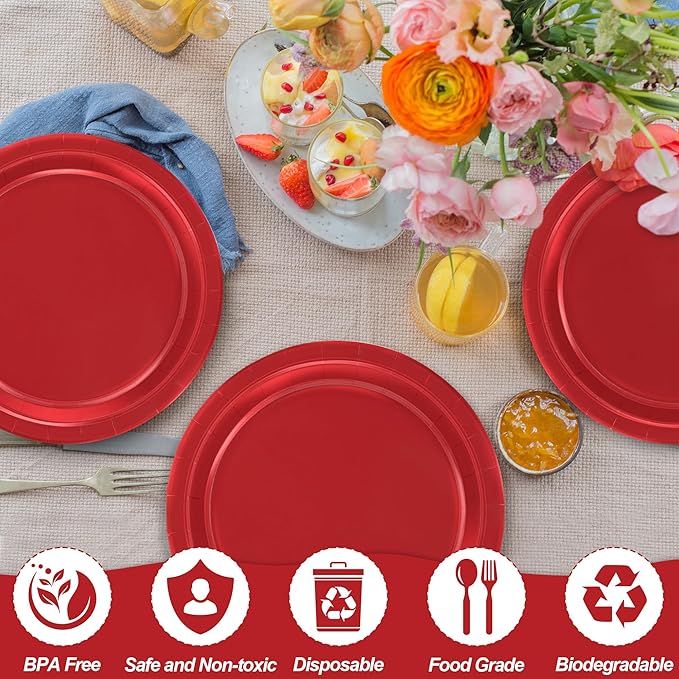QZYL 50 PCS Paper Plates, Red Heavy Duty Party Plates, Round 9 Inches Disposable Paper Dinner Plates, Everyday Use Plates Set for Daily Meals Wedding Christmas Picnic Supplies