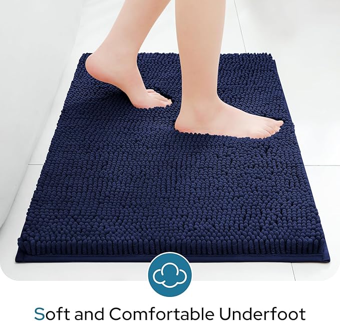 BYSURE Navy Blue Bathroom Rugs Sets 3 Piece with Toilet Lid Cover Non Slip Extra Absorbent Plush Chenille Soft Washable Bath Mats