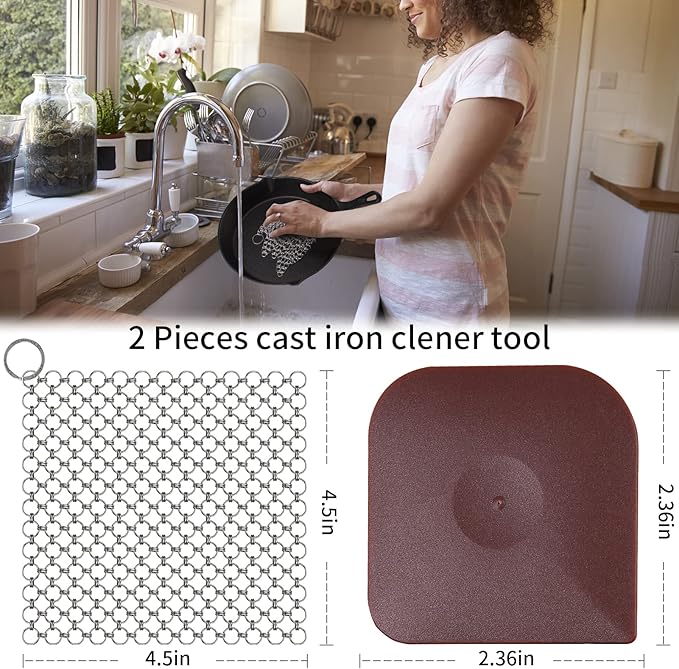 4.5" Cast Iron Scrubber+Pan Scraper, Cast Iron Pan Pot Skillet Cleaner Scrubber Kit, 316 Chain Mail Scrubber Cast Iron Cleaner, Skillet Carbon Steel Pan Wok Dutch Oven Cleaning Kit,316 Chain Scrubber