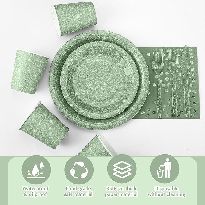 Hushee 175 Pcs Sage Green Holographic Print Party Supplies Guests Disposable Dinnerware Set Include Paper Plates, Napkins, Cups, Plastic Cutlery for Wedding Birthday Disco Bachelorette