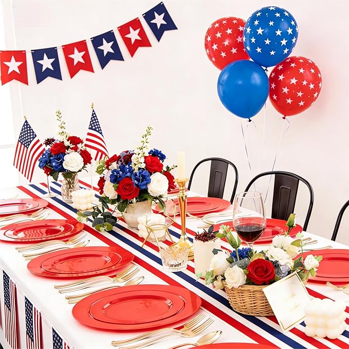 FLOWERCAT 60PCS Red Plastic Plates - Heavy Duty Red Plates Disposable for Party - Include 30PCS 10.25inch and 30PCS 7.5inch for 30 guests Birthday Party & Mother's Day &Events& July 4th