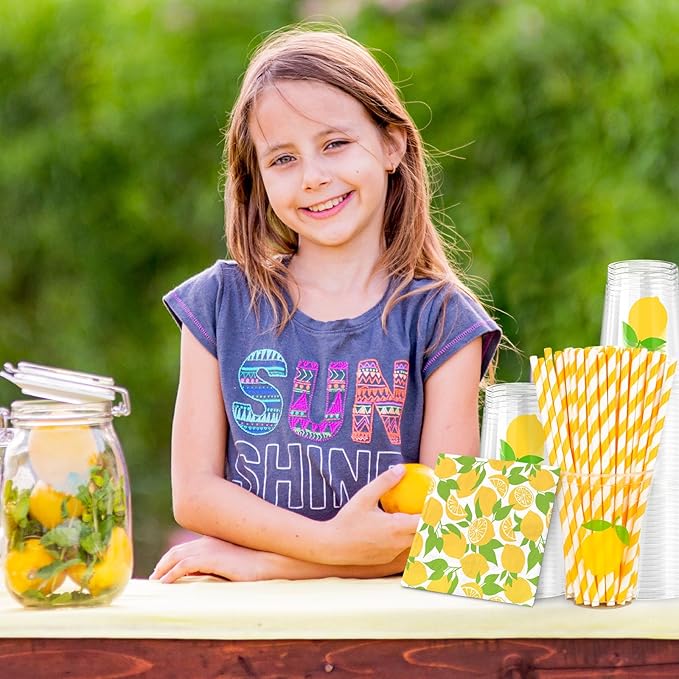 FYSUIMU 150 Pcs Summer Tableware Set for 50 Guests Yellow Lemon Paper Napkins Disposable Plastic Cups with Lids and Straws for Holiday Birthday Baby Shower Party Supplies