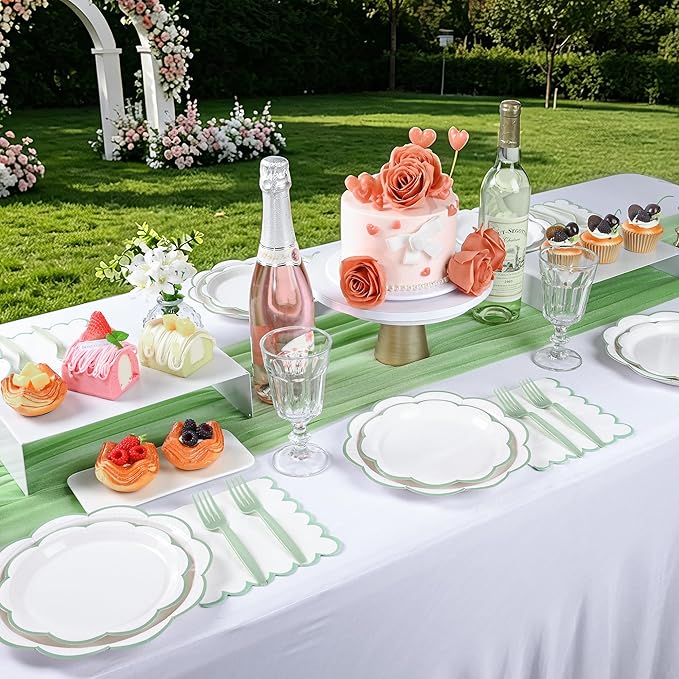 96 Pcs Sage Green and White Paper Plates and Napkins Set, Tableware set for 24 Guest include White Cake Plates with Sage Green Scalloped Edge, Napkins and Forks for Baby Shower, Bridal Shower, Wedding