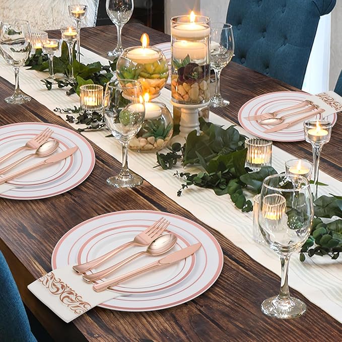 Goodluck 350 Pieces Rose Gold Dinnerware Set for 50 Guests, Plastic Plates Disposable for Party, Include: 50 Dinner Plates, 50 Dessert Plates, 50 Paper Napkins, 50 Cups, 50 Silverware Set
