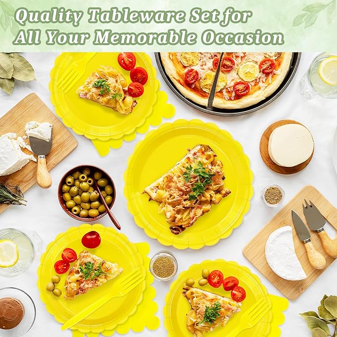Mulbozy 75 Yellow Plates and Napkins Disposable Set Includes 25 Dessert Cake Scalloped Plates, Cocktail Napkins & Forks, for Fork 25 Guests Holiday Party Supplies.