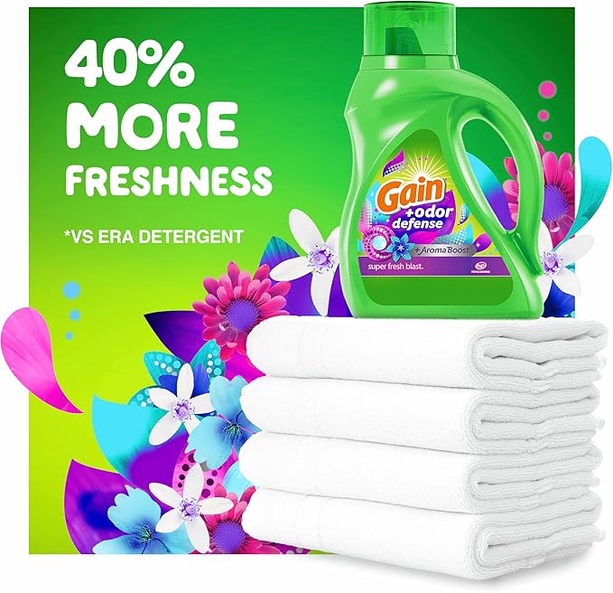 Gain + Odor Defense Liquid Laundry Detergent, Super Fresh Blast Scent, 107 Loads, HE Compatible Washing Soap (Packaging May Vary) (Pack of 2)