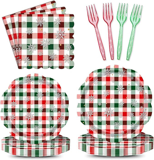 96 Pieces Christmas Plaid Tableware Set – Red and Green Checkered Disposable Plates, Napkins, and Forks with Snowflake Design for Holiday Parties, Winter Birthdays, and Seasonal Events