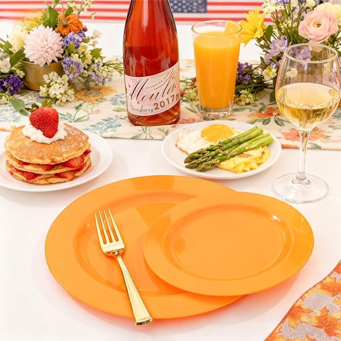 FLOWERCAT 60PCS Orange Plates - Heavy Duty Orange Plastic Plates Disposable for Easter & Spring Party - Serve 30 Guests 10.25inch and 7.5inch